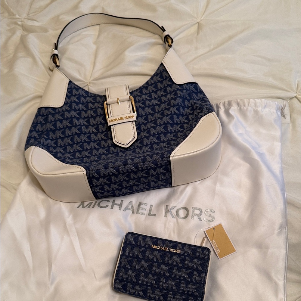 Michael Kors LILLIAN MEDIUM denim and white shoulder Bag and wallet set